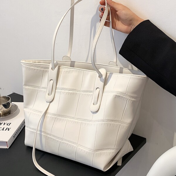 

Minimalist Croc Embossed Shoulder Tote Bag, White