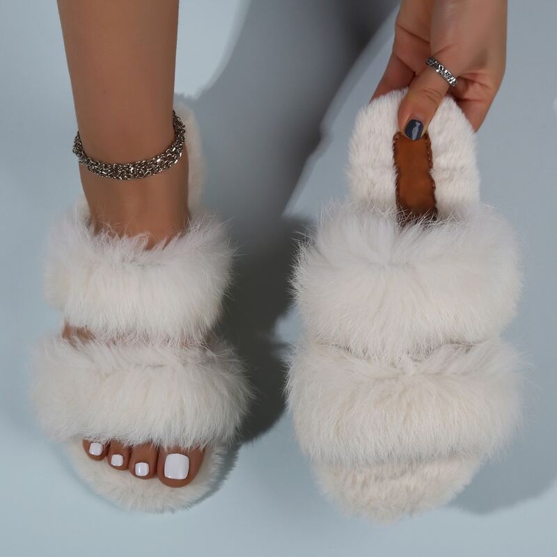 

Double Strap Fluffy Slippers, Beige