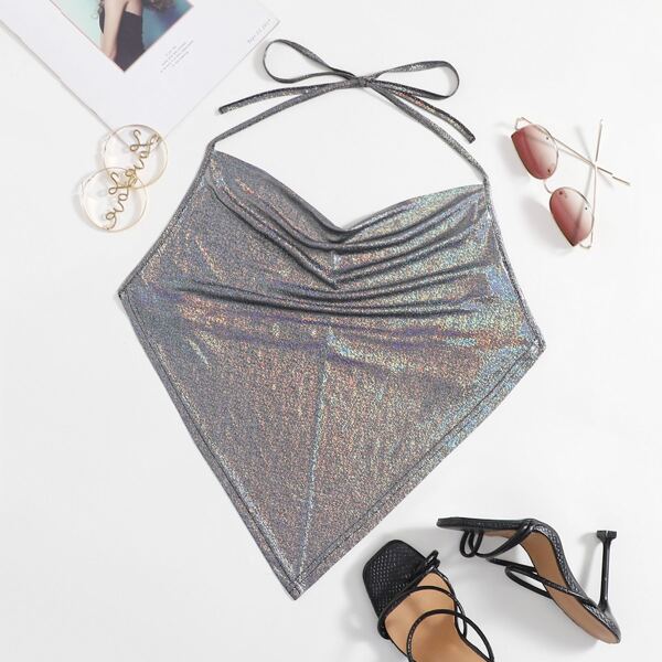 

Plus Tie Backless Metallic Bandana Top, Silver