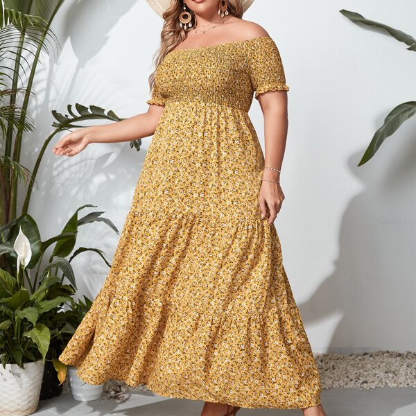 

Plus Off Shoulder Shirred Waist Ditsy Floral Dress, Multicolor