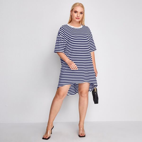 

Plus Striped Drop Shoulder High Low Longline Tee, Blue and white