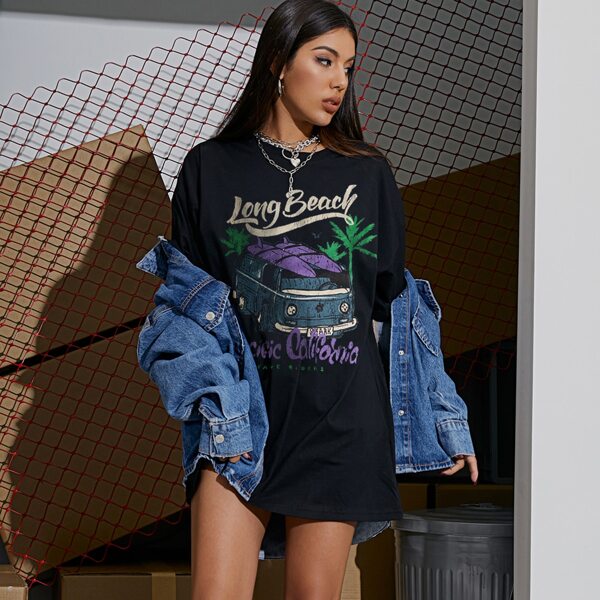 

Drop Shoulder Letter & Cartoon Graphic Tee, Black