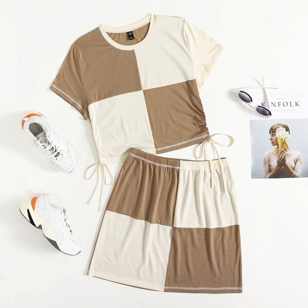 

Plus Two Tone Drawstring Side Tee With Skirt, Multicolor