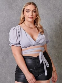 SHEIN Unity 大碼泡泡袖繫帶後上衣 - 灰色 - 查看 2