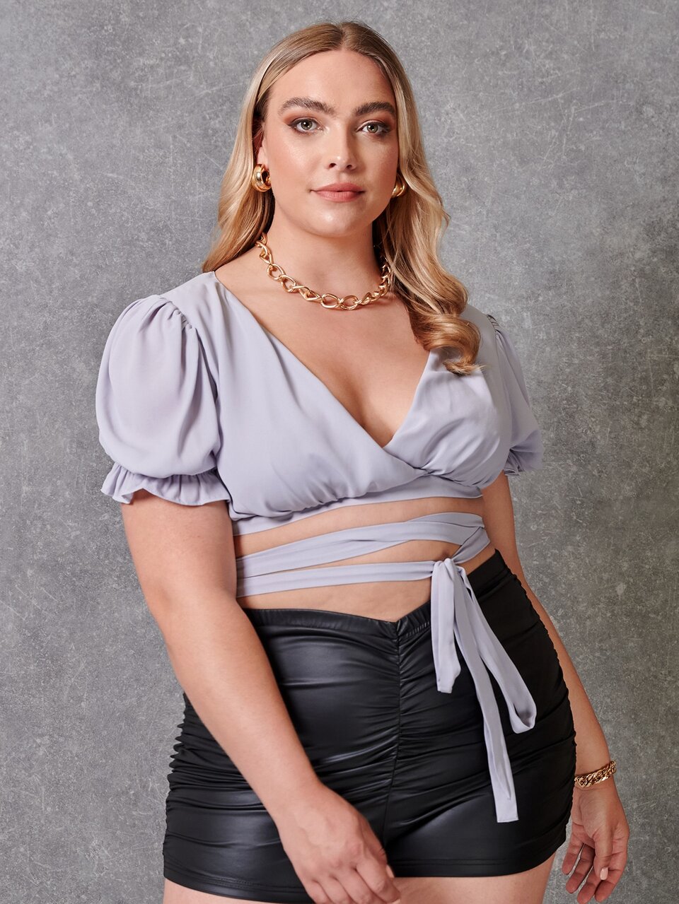 Plus Puff Sleeve Lace Up Back Top