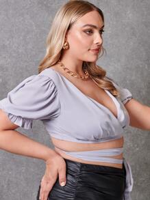 SHEIN Unity 大碼泡泡袖繫帶後上衣 - 灰色 - 查看 3