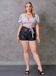 SHEIN Unity 大碼泡泡袖繫帶後上衣 - 灰色 - 查看 4