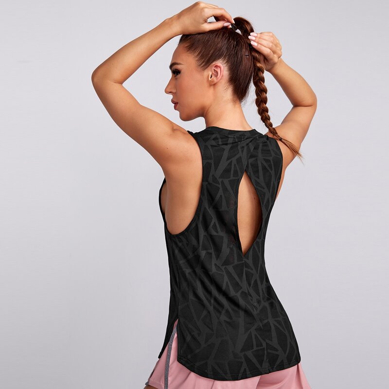 

Cut-out Back Slit Hem Geo Print Sports Tank Top, Black