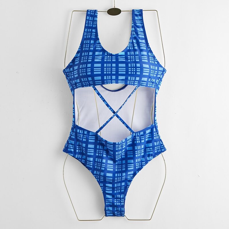 

Plaid Cut Out Criss Cross One Piece Swimsuit, Blue