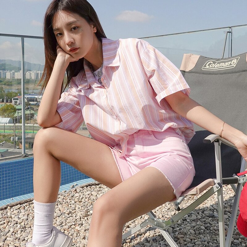 

Striped Button Up Longline Blouse, Baby pink