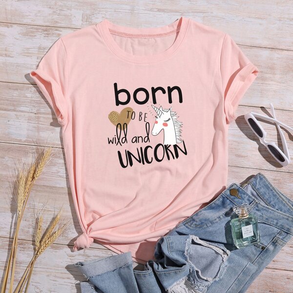 

Slogan And Unicorn Print Tee, Pink