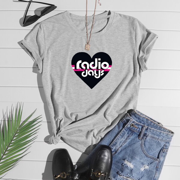 

Letter And Heart Print Tee, Grey
