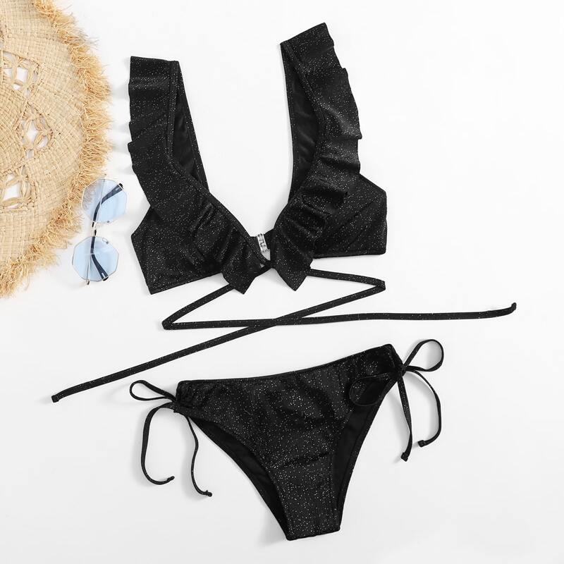 

Ruffle Trim Crisscross Bikini Swimsuit, Black