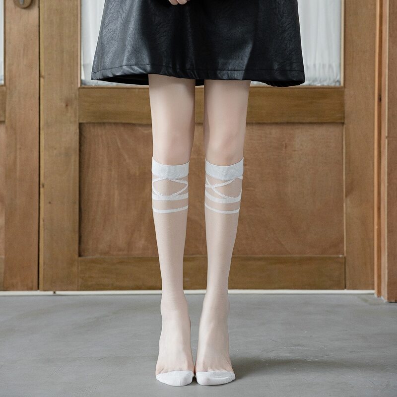 

Criss Cross Striped Over The Calf Socks, White