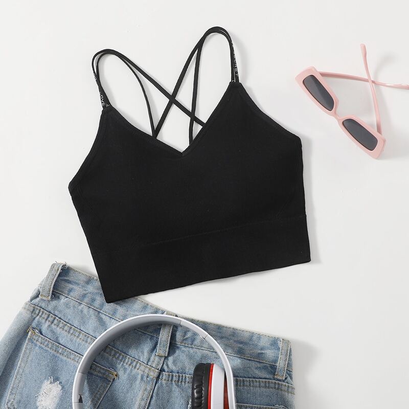

High Support Letter Graphic Criss-cross Sports Bra, Black