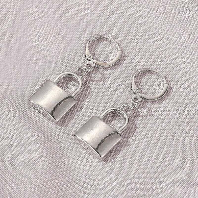 

Lock Drop Earrings, Silver