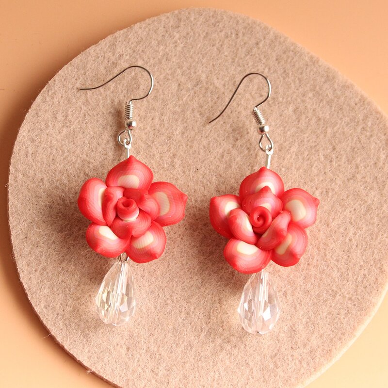 

Flower & Crystal Drop Earrings, Red