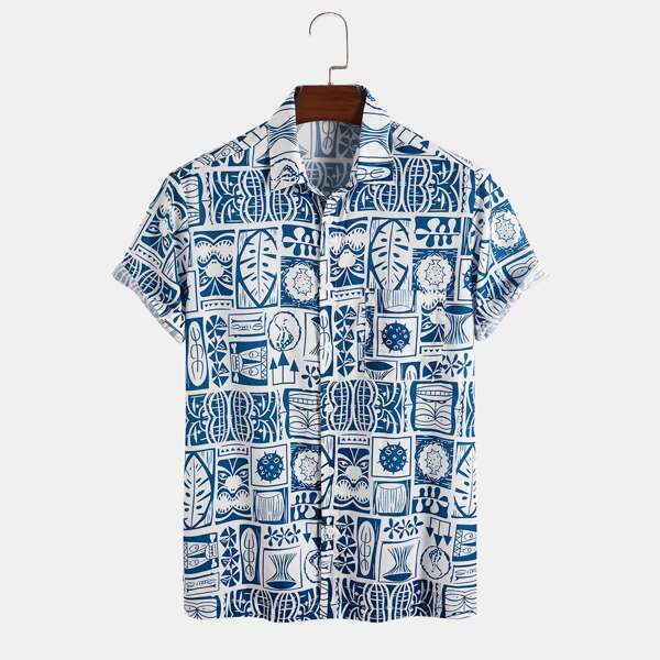 

Men All Over Print Button Front Shirt, Blue and white
