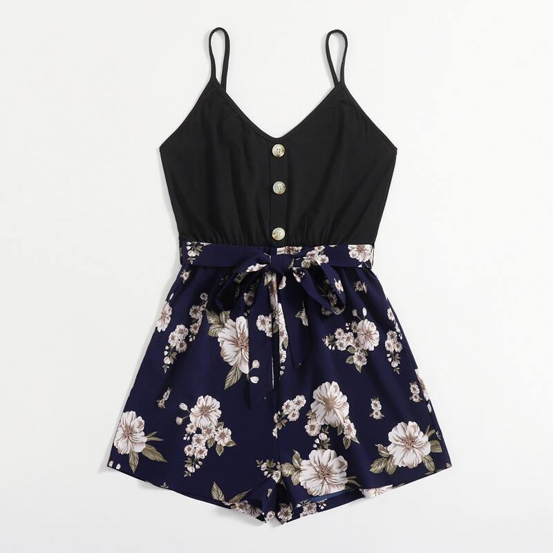 

Floral Button Belted Romper, Multicolor