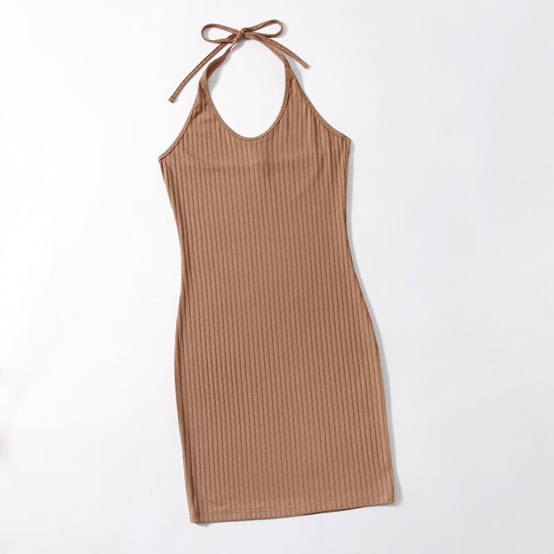 

Solid Ribbed Halter Dress, Brown