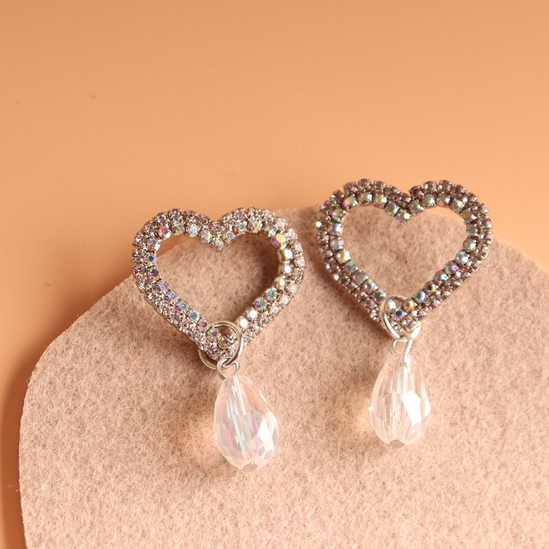 

Rhinestone Heart Drop Earrings, Silver