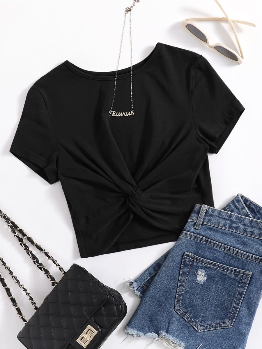 SHEIN EZwear Camiseta unicolor bajo girante - Negro - Ver 1