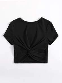 SHEIN EZwear Camiseta unicolor bajo girante - Negro - Ver 3