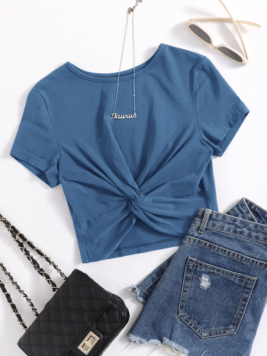 Muchica Twist Hem Solid Tee - Dusty Blue - View 1