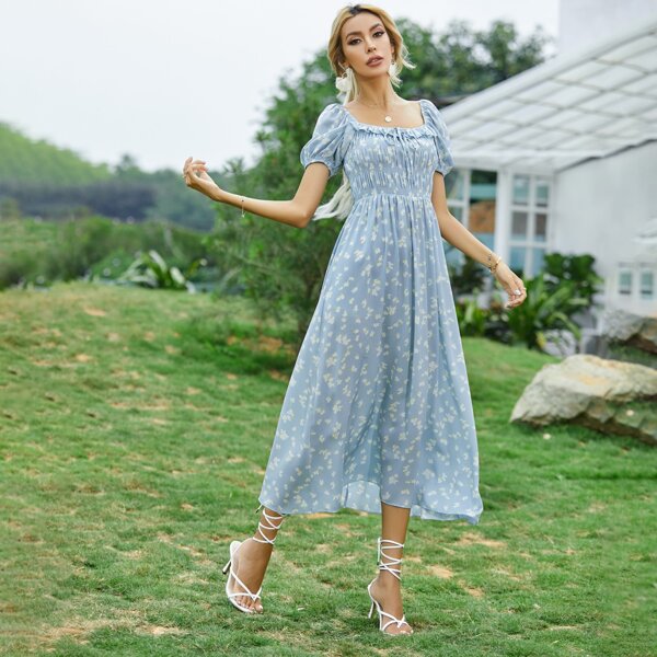 

Shirred Ditsy Floral Dress, Baby blue