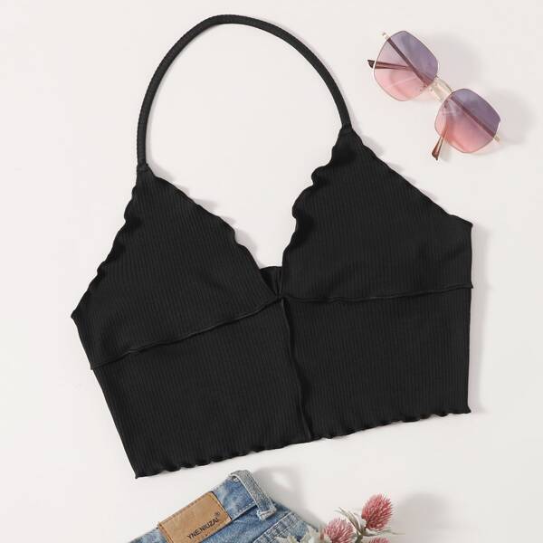 

Lettuce Trim Rib-knit Halter Top, Black