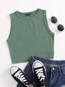 Muchica Solid Crop Tank Top - Green - View 1