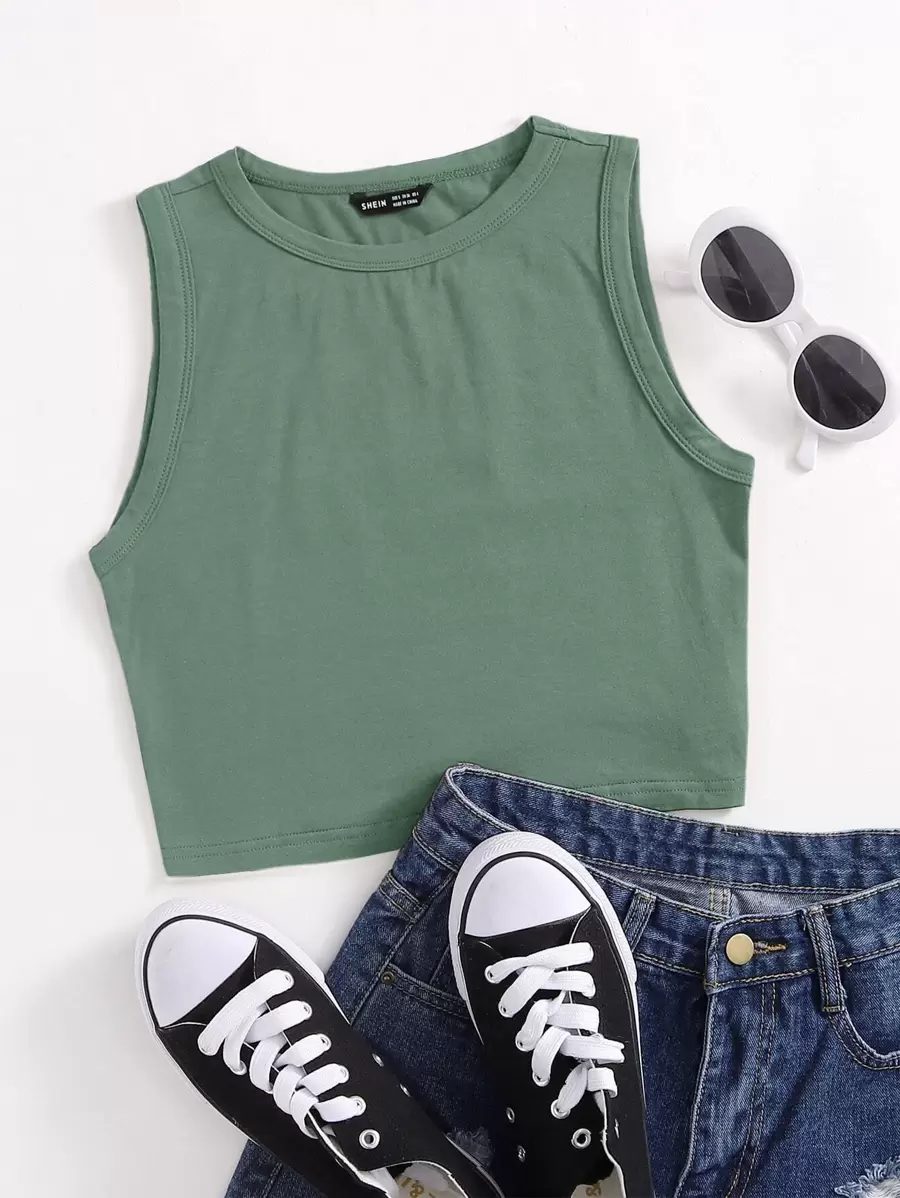 Muchica Solid Crop Tank Top - Green - View 1
