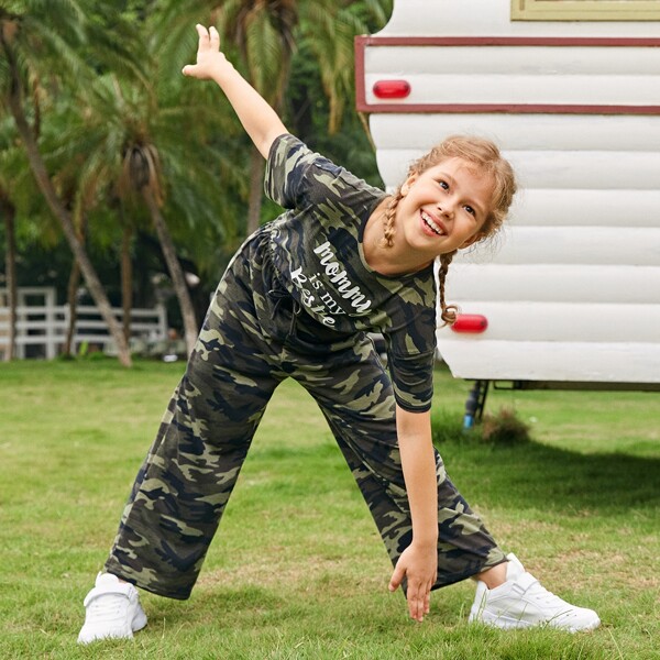 

Girls Slogan Graphic Camo Jumpsuit, Army green
