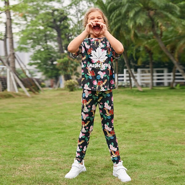 

Футболка и леггинсы с цветочным принтом для девочек, Многоцветный