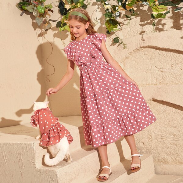 

Girls Ruffle Hem Polka Dot Dress, Dusty pink