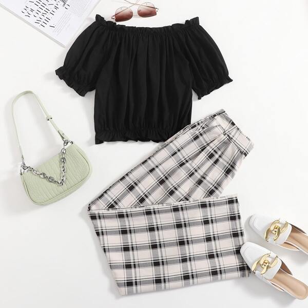 

Frill Trim Bardot Blouse & Plaid Pants, Multicolor