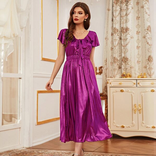 

Metallic Tie Front Ruffle Trim Plicated Dress, Hot pink