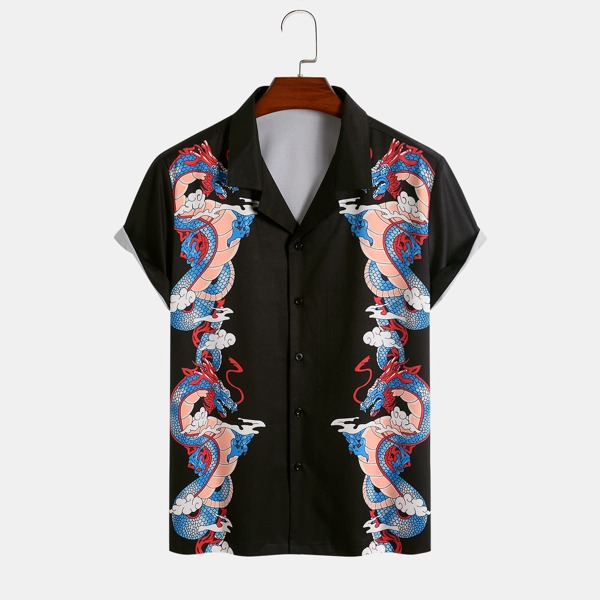 

Men Chinese Dragon Print Lapel Neck Shirt, Black