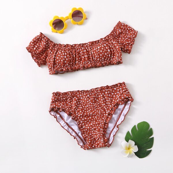 

Girls Ditsy Floral Lettuce Trim Bikini Swimsuit, Multicolor