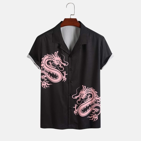

Men Chinese Dragon Print Lapel Neck Shirt, Black