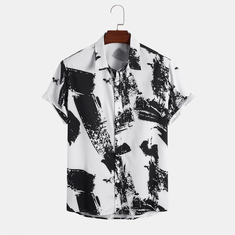 

Guys Brush Print Button Up Shirt, Black and white