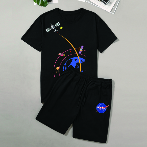 

Men Galaxy Print Tee With Track Shorts, Black