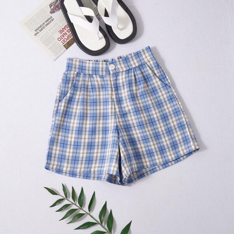 

Plaid Button Fly Shorts, Blue