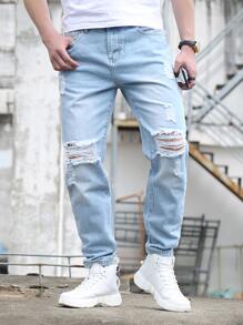 Manfinity Men Washed Distressed Tapered Jeans - Light Wash - View 1