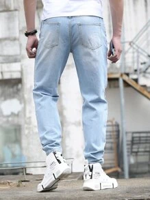 Manfinity Men Washed Distressed Tapered Jeans - Light Wash - View 2