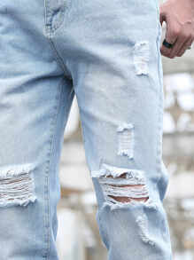 Manfinity Men Washed Distressed Tapered Jeans - Light Wash - View 4