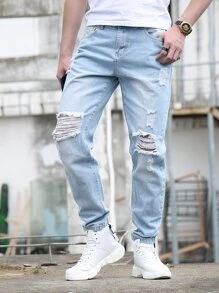 Manfinity Men Washed Distressed Tapered Jeans - Light Wash - View 6