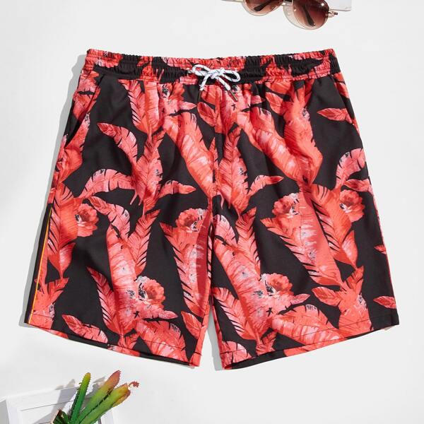 

Men Random Tropical Print Drawstring Swim Trunks, Multicolor