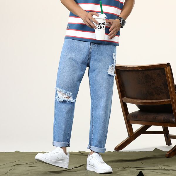 

Men Ripped Carrot Jeans, Medium wash