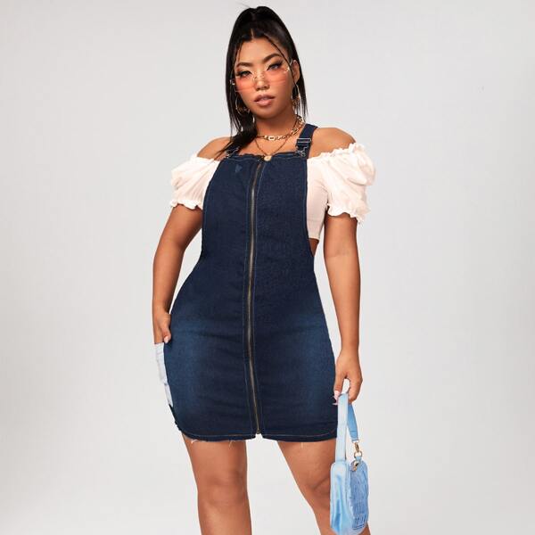 

Plus Color Block Zip Up Denim Dress, Dark wash